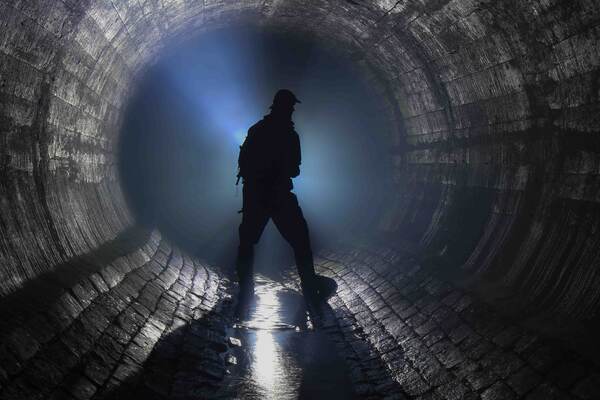 Silhouet van een gids in een rioolkoker