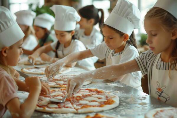 Kinderen met koksmuts beleggen pizza's