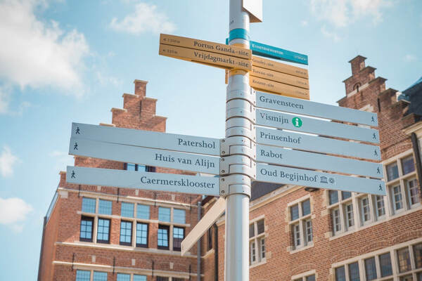 Houten wegwijzer met bestemmingen