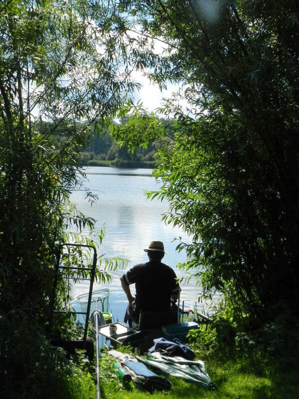 Silhouette d'un pêcheur au bord de l'étang