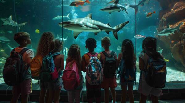 Kinderen kijken door een aquariumruit
