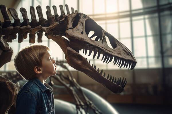 Jongen kijkt naar een dinoschedel